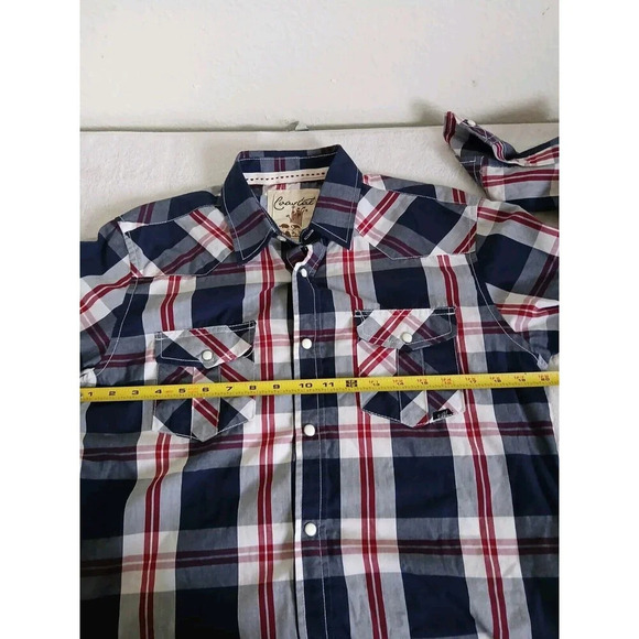 Coastal Shirt Men's Medium Blue Red Plaid Western Cowboy Tab Roll Sleeves Snap - Picture 13 of 16